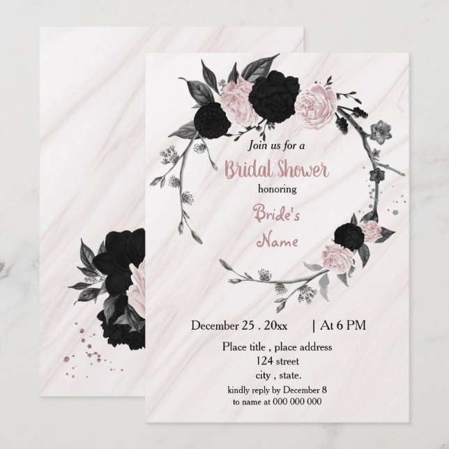 Schwarz-Weich-Rosa-Blumenkranz-Brautparty Einladung (Vorne/Hinten)