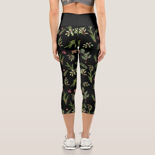 Schwarz Weihnachten botanisch elegant modern Capri Leggings (Rückseite)