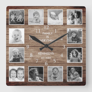 Schwarz-Weiß 12 Foto Collage Familienangebot Holz Quadratische Wanduhr
