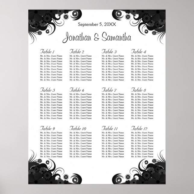 Schwarz-Weiß 12 Hochzeitstische Sitzkarten Poster (Vorne)