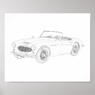 Schwarz-weiß 1960 Austin Healey Zeichnung Poster