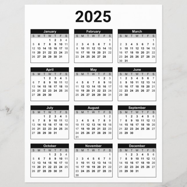 Schwarz/Weiß 2025 Jahr auf einen Blick Flyer (Vorne)