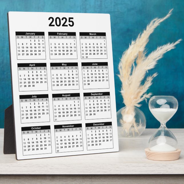 Schwarz/Weiß 2025 Jahr auf einen Blick Fotoplatte (Seite)