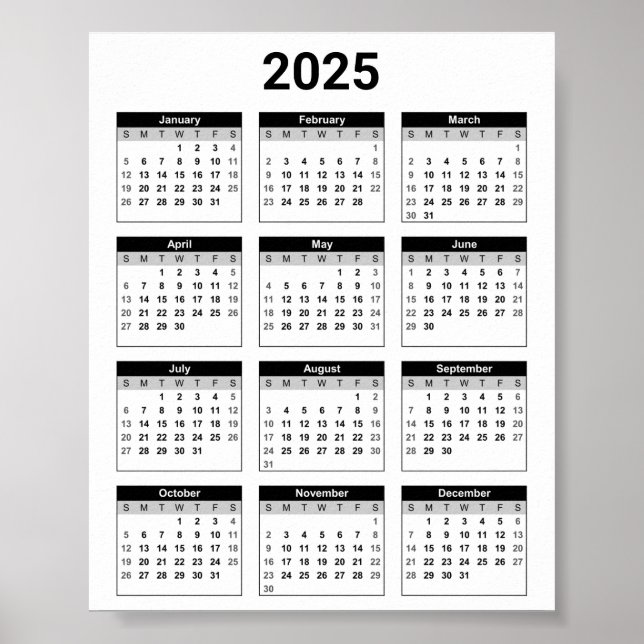 Schwarz/Weiß 2025 Jahr auf einen Blick Poster (Vorne)