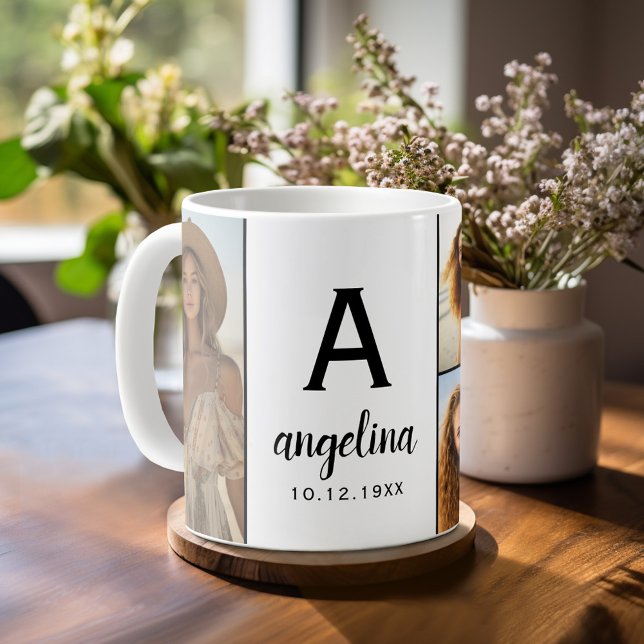 Schwarz-weiß - 5 FotoCollage - Mod Monogramm Kaffeetasse (Personalized Coffee Mug)
