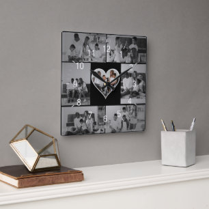Schwarz-Weiß-7-FotoCollage Quadratische Wanduhr