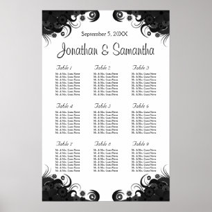 Schwarz-Weiß-9-Hochzeitstabellen Sitzkarten Poster