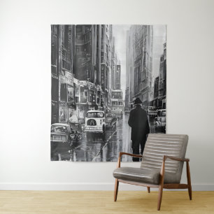 Schwarz-Weiß-Abbildung im Regen - Kunst Wandteppich