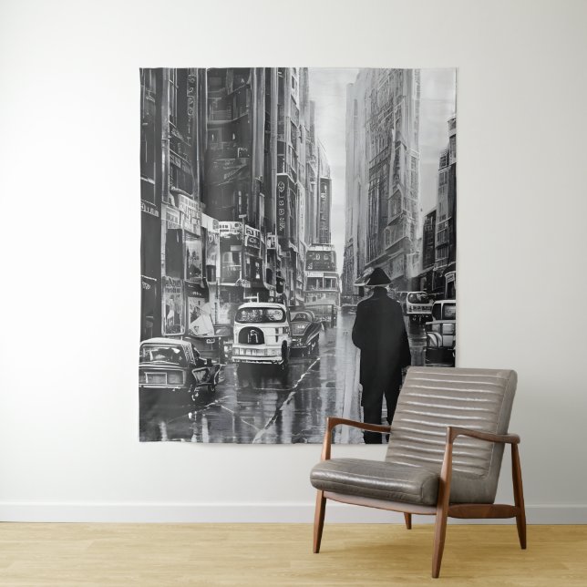 Schwarz-Weiß-Abbildung im Regen - Kunst Wandteppich (Beispiel)