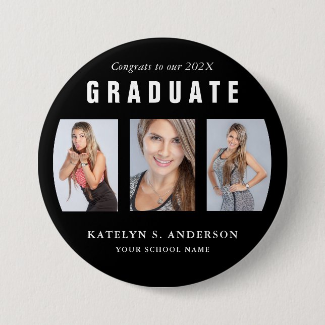 Schwarz-Weiß-Abschluss FotoCollage Custom Bu Button (Vorderseite)