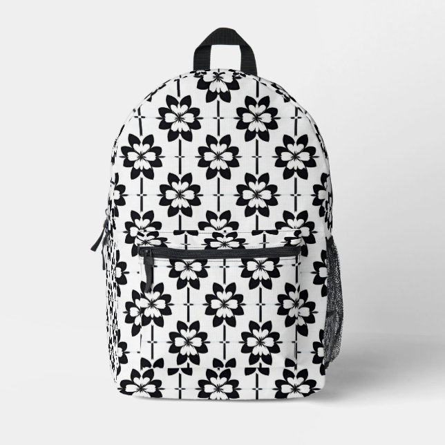 Schwarz-Weiß-Abstraktes Blumenmuster Bedruckter Rucksack (Vorderseite)