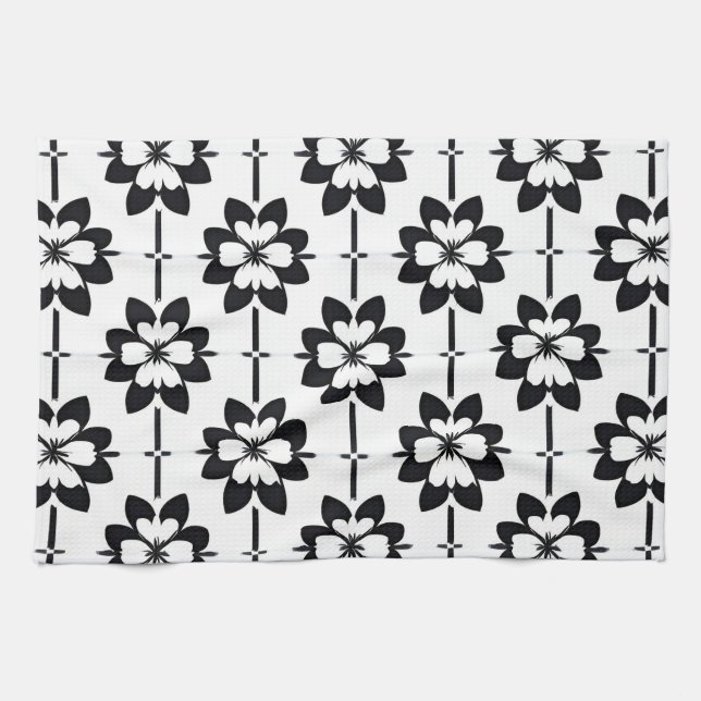 Schwarz-Weiß-Abstraktes Blumenmuster Geschirrtuch (Horizontal)