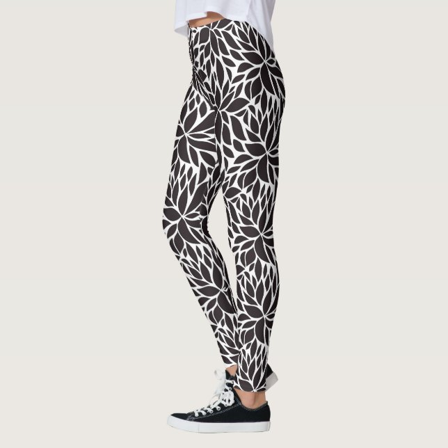 Schwarz-Weiß-Abstraktes Blumenmuster Leggings (Links)