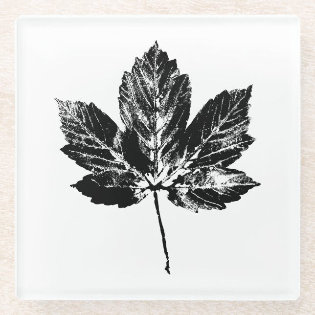Schwarz-Weiß-Ahornleaf-Druck Glasuntersetzer (Vorderseite)