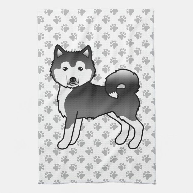 Schwarz-Weiß Alaskan Malamute Niedlicher Cartoon D Geschirrtuch (Vertikal)