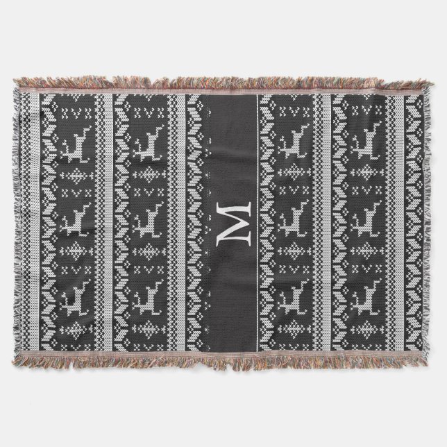 Schwarz-Weiß-Alpenmuster-Rentier - Monogramm Decke (Vorderseite)