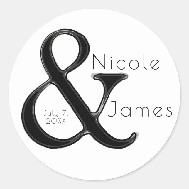 Schwarz & Weiß Ampersand Chic Custom Wedding Gefal Runder Aufkleber (Vorderseite)