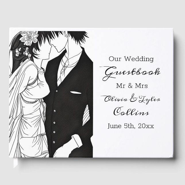 Schwarz-Weiß-Anime-Hochzeit Gästebuch (Vorderseite)