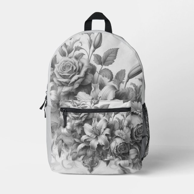 Schwarz-Weiß-Antike Blumen Perfektion Bedruckter Rucksack (Vorderseite)