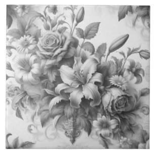 Schwarz-Weiß-Antike Blumen Perfektion Fliese