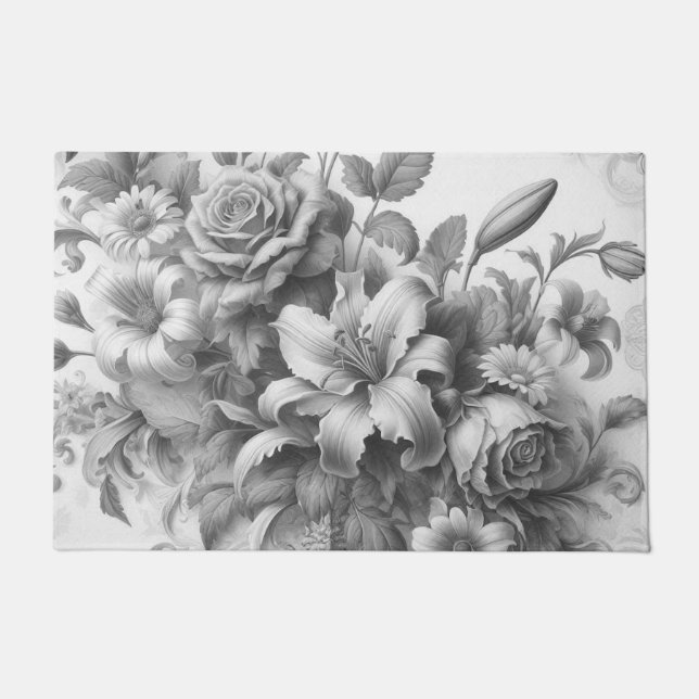 Schwarz-Weiß-Antike Blumen Perfektion Fußmatte (Vorderseite)