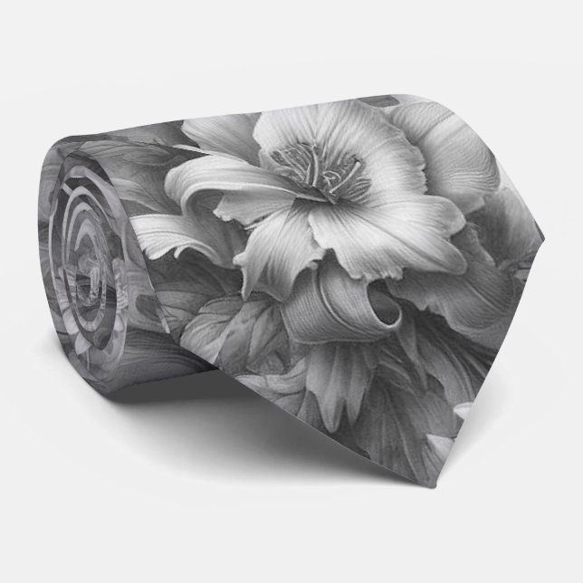Schwarz-Weiß-Antike Blumen Perfektion Krawatte (Gerollt)