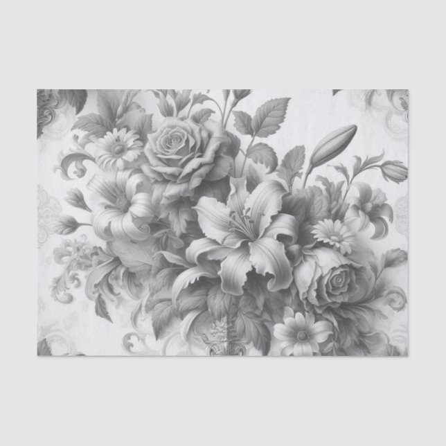 Schwarz-Weiß-Antike Blumen Perfektion Seidenpapier (Vorderseite)