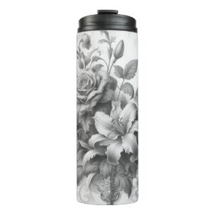 Schwarz-Weiß-Antike Blumen Perfektion Thermosbecher