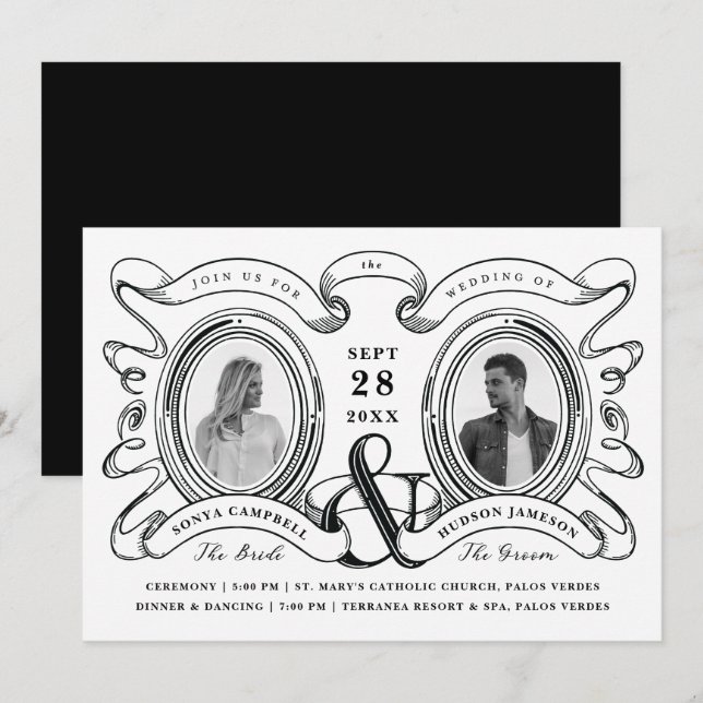 Schwarz-Weiß-Antike Cameo-Foto Hochzeit Einladung (Vorne/Hinten)
