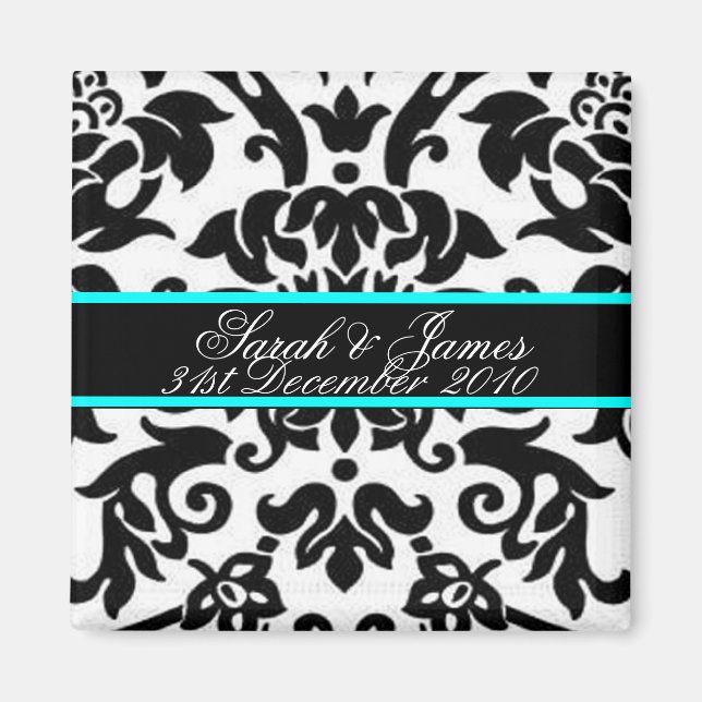Schwarz-weiß & aqua Damask Hochzeitsfest Set Magnet (Vorne)