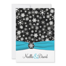 Schwarz, Weiß, Aqua Snowflakes Einladung Hochzeit