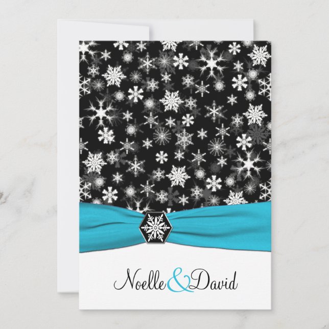 Schwarz, Weiß, Aqua Snowflakes Einladung Hochzeit (Vorderseite)