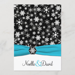 Schwarz, Weiß, Aqua Snowflakes Einladung Hochzeit