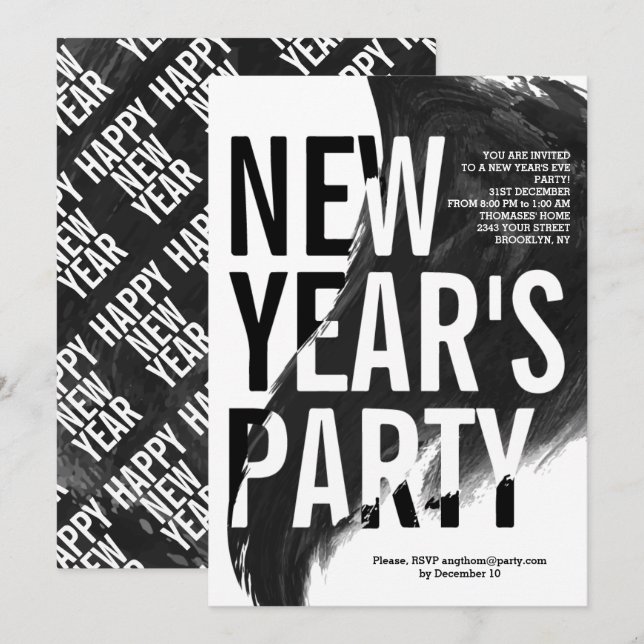 Schwarz-Weiß-Aquarell-Neujahrsfest-Party Einladung (Vorne/Hinten)