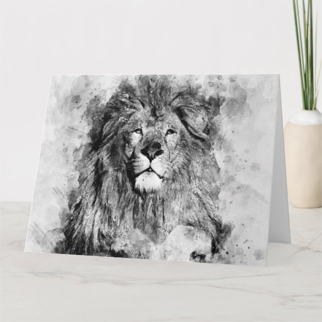 Schwarz-Weiß-Aquarellbild von männlichen Löwen Dankeskarte (Vorderseite)