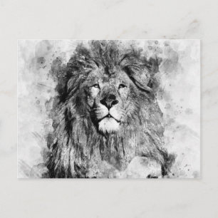 Schwarz-Weiß-Aquarellbild von männlichen Löwen Postkarte