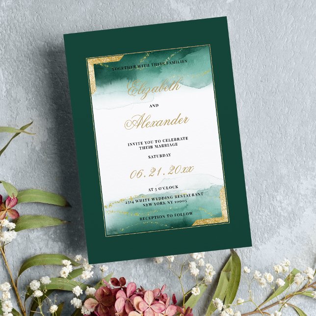 Schwarz-Weiß-Aquarellgoldverheiratung Glitzer Einladung (Dark green white watercolor gold glitter wedding )