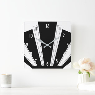 Schwarz-Weiß-Art-Déco-Design Quadratische Wanduhr