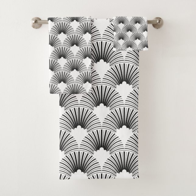 Schwarz-Weiß-Art-Deco-Muster Badhandtuch Set (Insitu)