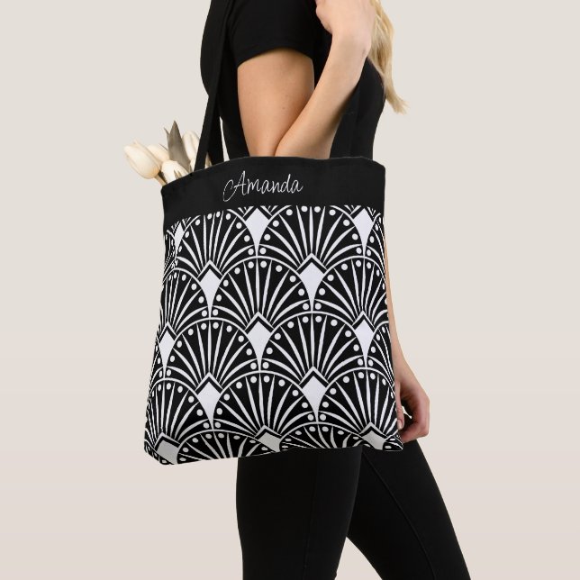 Schwarz-Weiß Art Deco Muster Tasche (Von Nahem)