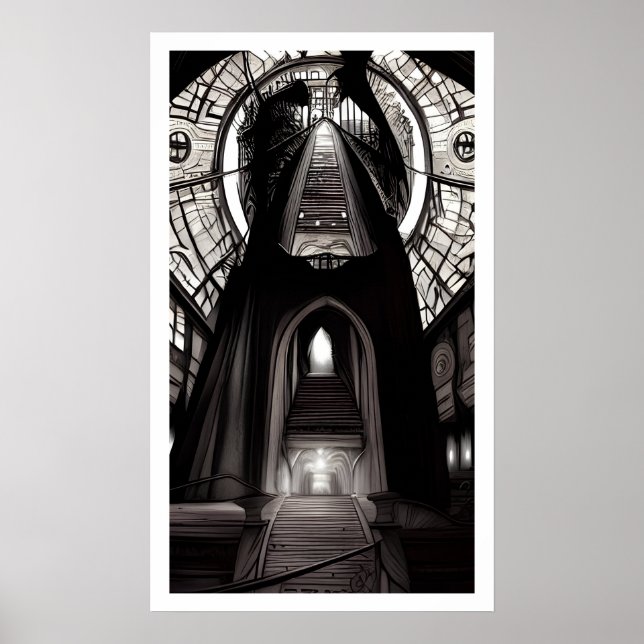 Schwarz-Weiß Art Deco-Treppen nach wo? Poster (Vorne)