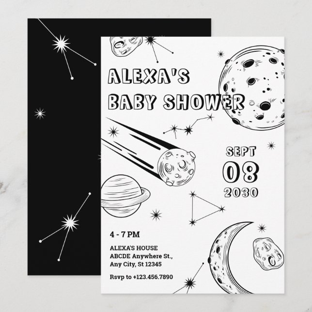 Schwarz-Weiß-Astrologie-Mond-Babydusche Einladung (Vorne/Hinten)