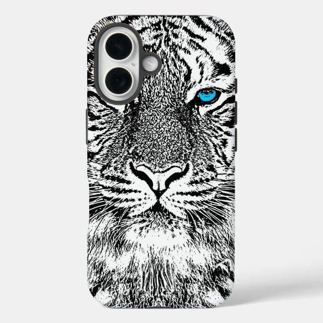 Schwarz-Weiß-Augen-Tiger-Design iPhone 16 Hülle (Rückseite)