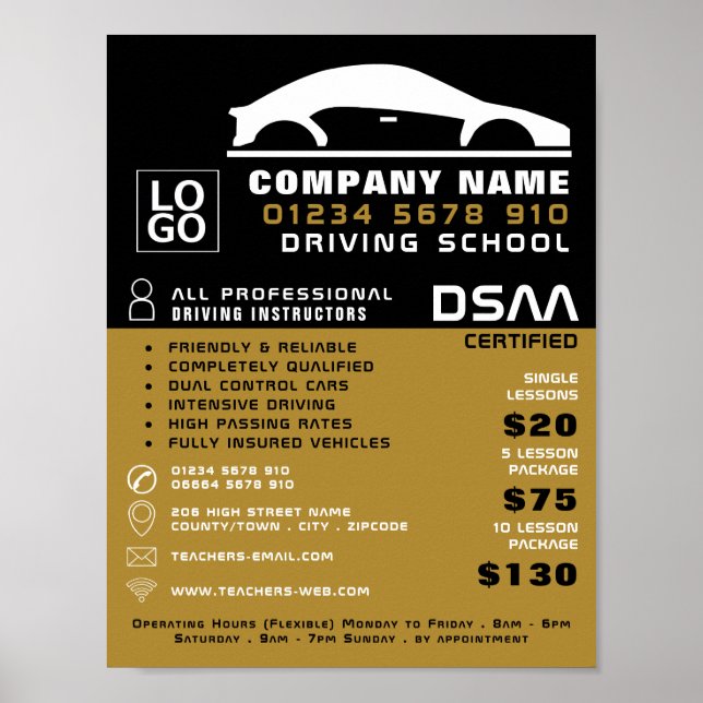 Schwarz-Weiß-Auto-Logo, Fahrschule, Lehrer Poster (Vorne)