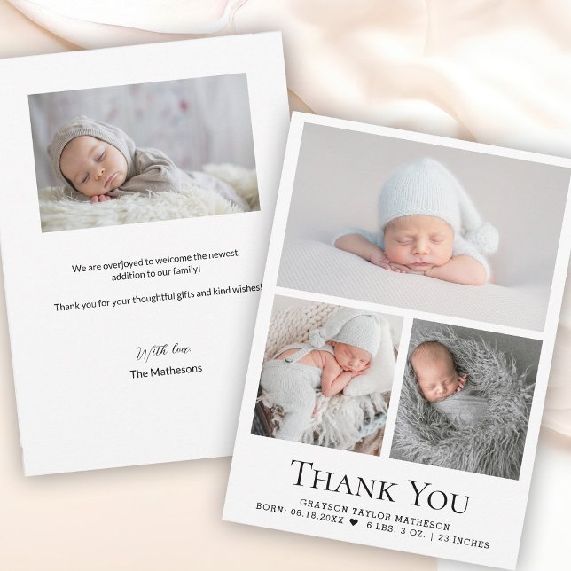Schwarz-weiß Baby Boy Foto Grid Birth Stat Dankeskarte (Cute baby newborn photos thank you and birth announcement cards.)
