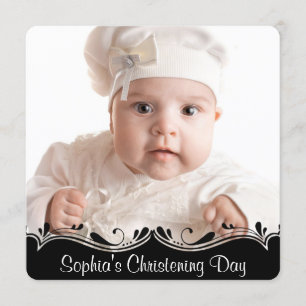 Schwarz-weiß Baby Foto Christening Einladung