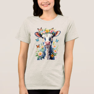 Schwarz-Weiß-Baby-Kuh mit Blume-Kronen Tri-Blend Shirt