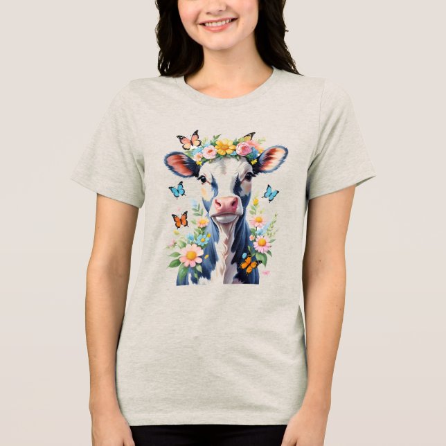 Schwarz-Weiß-Baby-Kuh mit Blume-Kronen Tri-Blend Shirt (Vorderseite)
