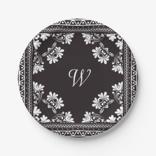 Schwarz-Weiß-Bandana mit Monogramm Pappteller