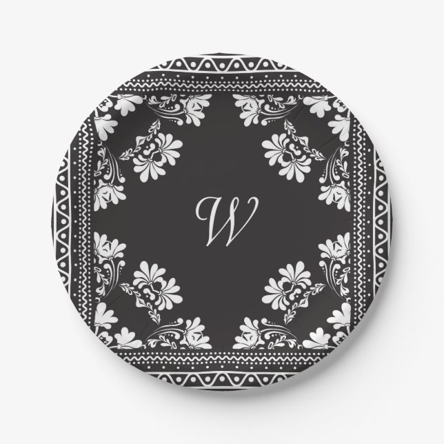 Schwarz-Weiß-Bandana mit Monogramm Pappteller (Vorderseite)